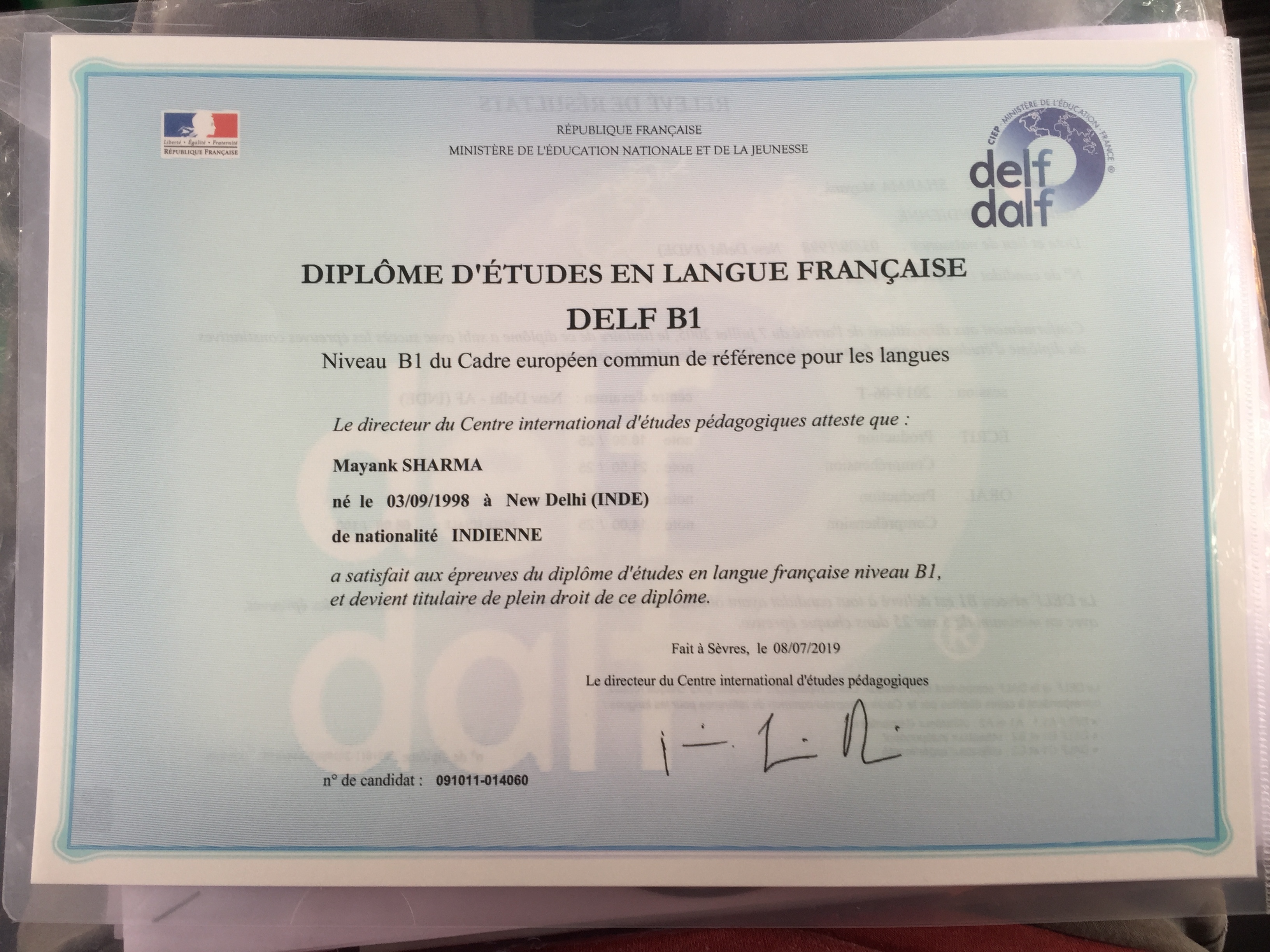 DELF certificate